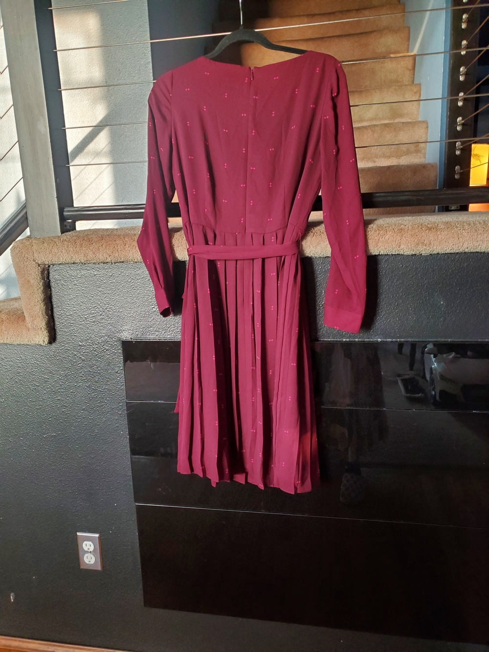 Ann Taylor Wine Long-Sleeve Pleated Tie-Waist Dress